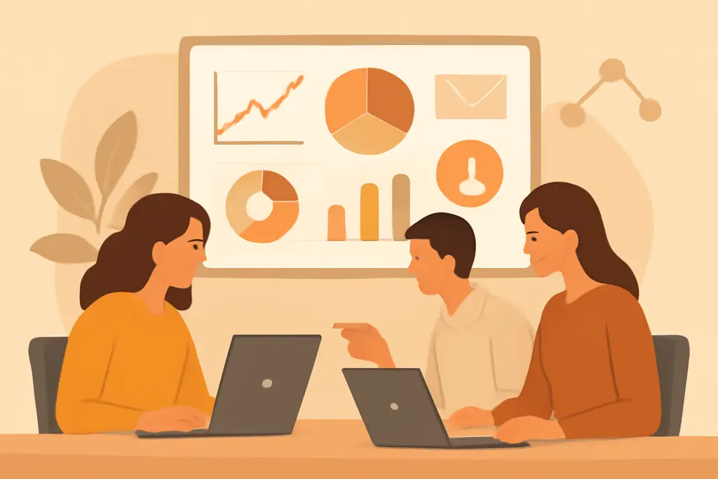 Small business team reviewing digital marketing dashboards and campaign data on laptops