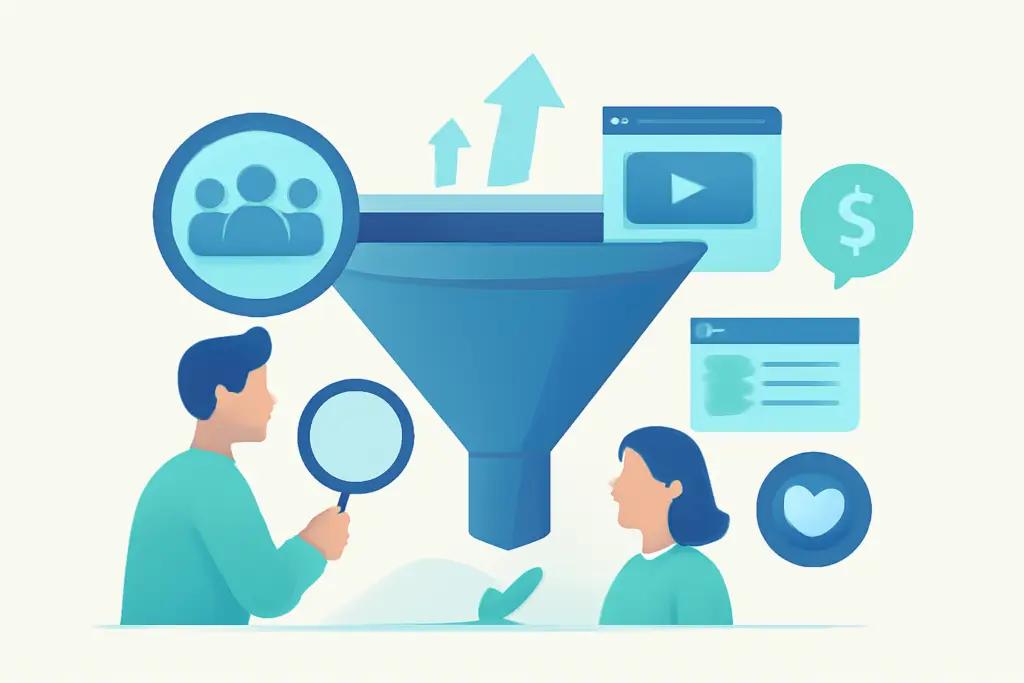 Illustration of a marketing funnel connecting acquisition, conversion, sales, and customer retention