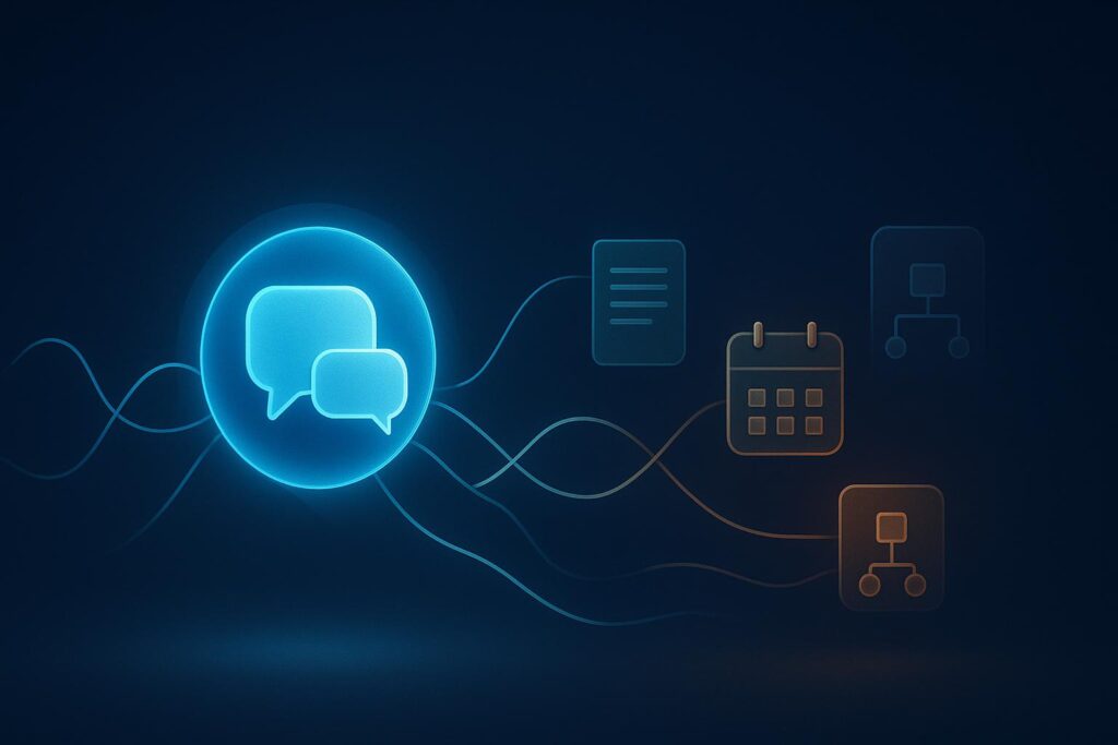 Abstract conversational AI assistant connecting spoken language with business knowledge and workflow tools