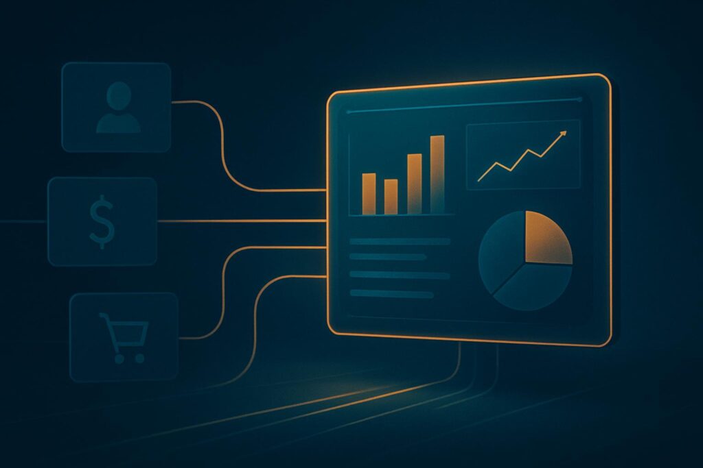 Editorial illustration of an automated reporting dashboard connected to organized business data sources