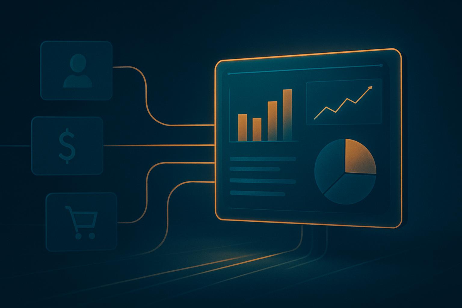 Editorial illustration of an automated reporting dashboard connected to organized business data sources