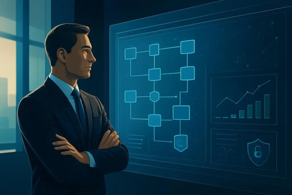 Business leader reviewing an AI workflow dashboard with connected processes and performance metrics