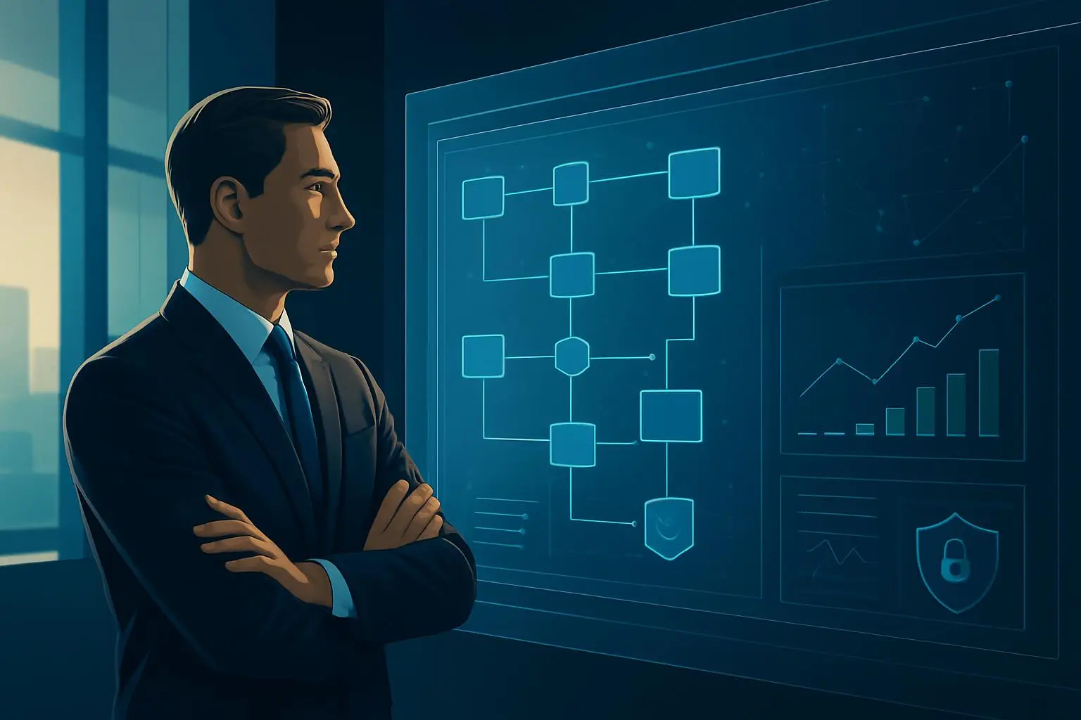 Business leader reviewing an AI workflow dashboard with connected processes and performance metrics