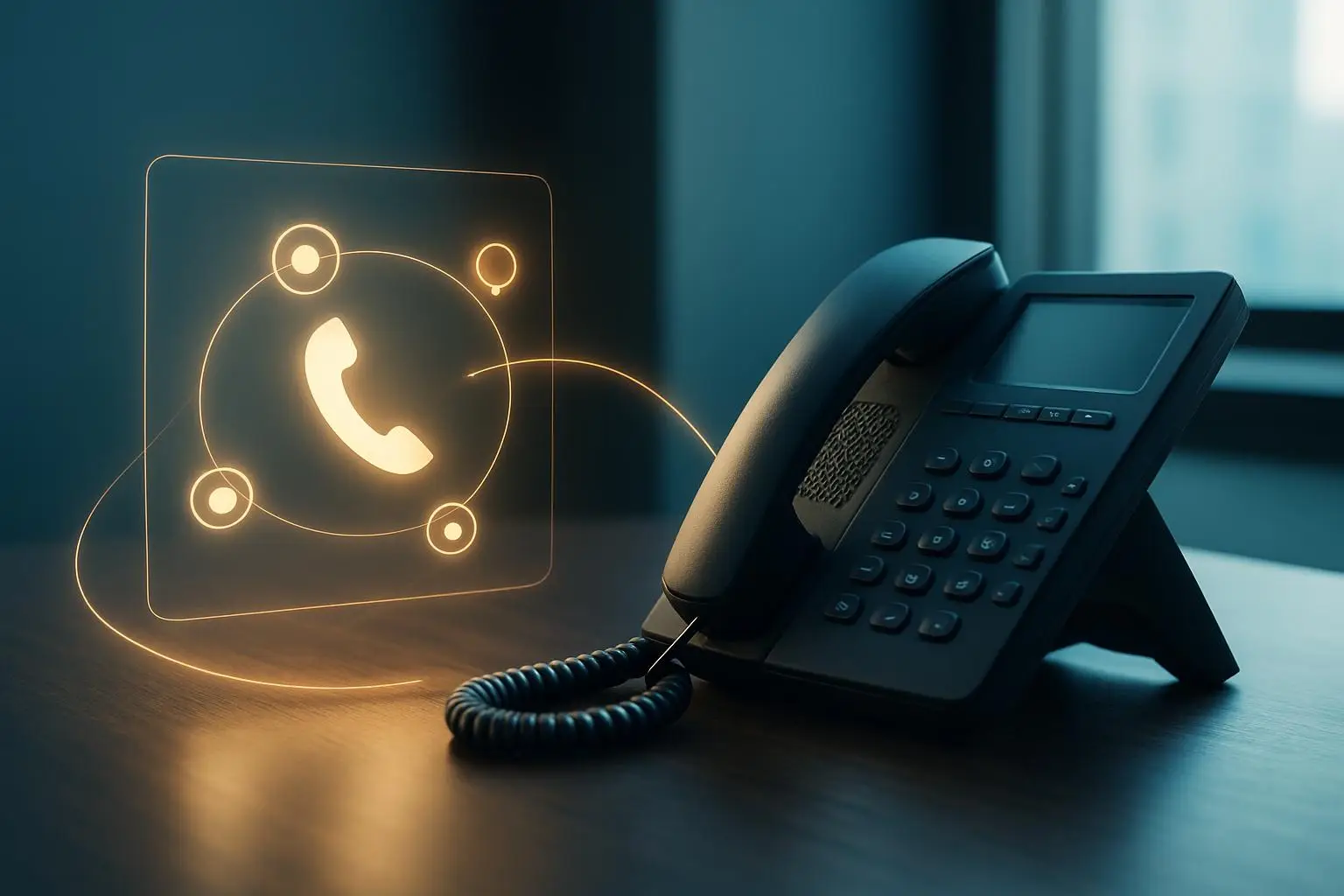 Modern business phone beside abstract digital call connections representing automated outbound calling