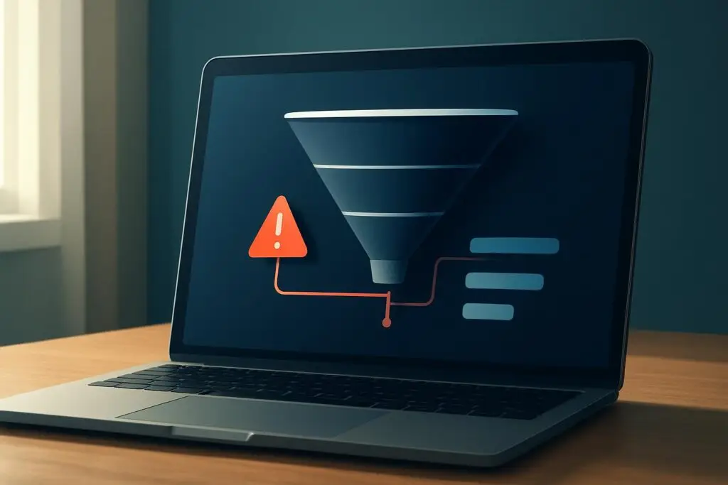 Laptop showing a broken funnel page with a subtle 404 warning symbol